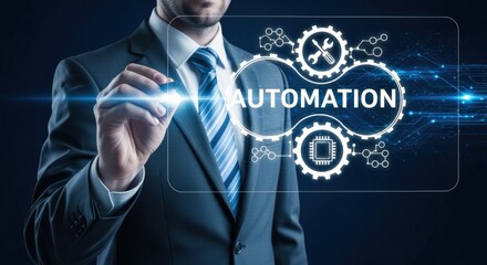 Business professional interacting with an automation interface to optimize workflows and increase efficiency through technology