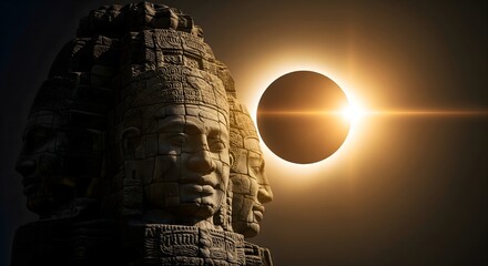Ancient stone statue illuminated by dramatic solar eclipse, sacred monument aligned with celestial event, spiritual symbolism, history and cosmic harmony under glowing sky