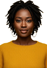 Young black woman with short locs and gold hoops, wearing a mustard yellow sweater, smiling confidently against a vibrant yellow studio background with copy space, empowering portrait of modern beauty