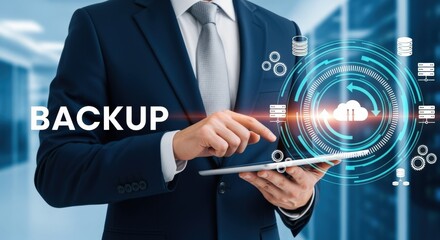 Data Backup Solution: Businessman Demonstrating Cloud Technology for Secure Data Management and Recovery