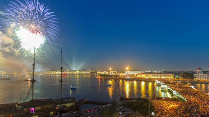 Fireworks timelapse over the city of St. Petersburg Russia on the feast of Scarlet Sails, view from rooftop.