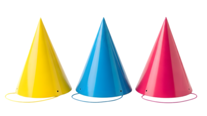 Three colorful party hats isolated on transparent background