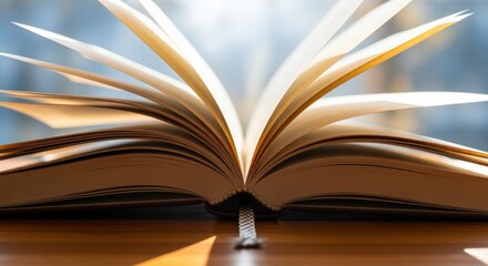 Fototapeta premium Open Book Revealing Pages, Symbolizing Knowledge, Education, and Storytelling on a Wooden Surface