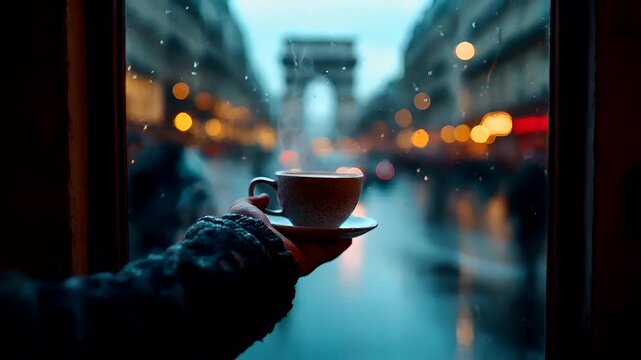 Paris, France, Europe. A persons hand holding a cup of coffee on a saucer against a window with raindrops on it, set against a blurred urban backdrop.