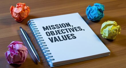 Mission Objectives Values: Strategic Planning and Business Concepts on a Notepad with crumpled papers