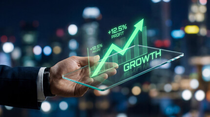 Businessman Holding Tablet With Holographic Rising Stock Market Growth Graph