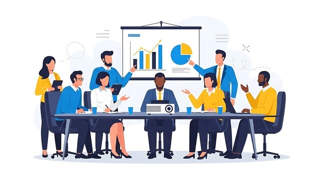 Business team celebrating success in meeting room with graphs - Powered by Adobe