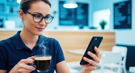 Young Woman Enjoying Coffee and Using Smartphone in a Modern Cafe Setting