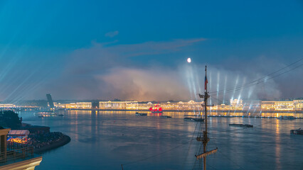 Fireworks timelapse over the city of St. Petersburg Russia on the feast of Scarlet Sails, view from rooftop.