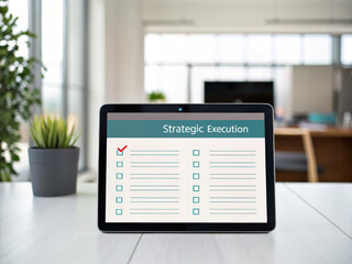 Strategic execution checklist tablet business planning workspace digital list on desk modern office background productivity concept project management focus organized task review professional setup