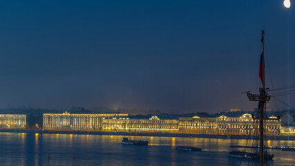 Fireworks timelapse over the city of St. Petersburg Russia on the feast of Scarlet Sails, view from rooftop.