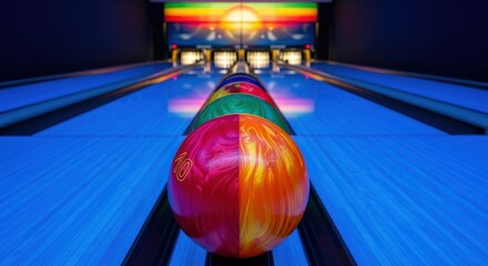 Bowling Balls Aligned on Lane Ready for Bowling Game with Pins in Background and Light