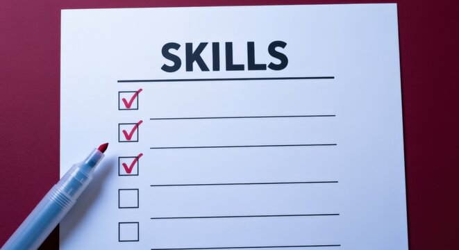 Skills checklist with marked boxes indicating completed competencies and qualifications for career advancement