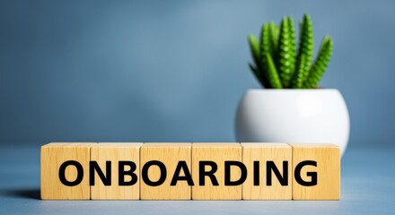 Onboarding concept using wooden blocks with a succulent plant in a white ceramic pot