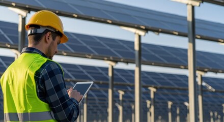 Solar Farm Inspection: Engineer Using Tablet Inspecting Solar Panels for Efficiency and Renewable Energy