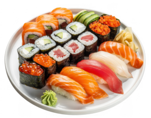Assorted sushi on a white plate food Japanese cuisine isolated on a transparent background