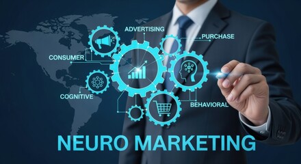 Neuromarketing Strategy Visualization: Businessman Demonstrating Cognitive and Behavioral Science Integration for Targeted Advertising and Consumer Purchase