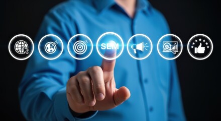 Man's Hand Interacting with SEM Icons Displaying Digital Marketing Strategy, Optimization, and Online Business Growth