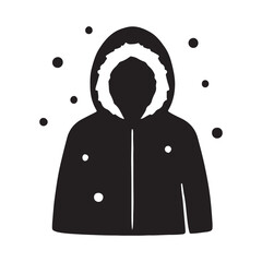 Minimalist vector illustration of a warm winter parka or jacket with a hood, surrounded by falling snowflakes, symbolizing cold weather protection and cozy seasonal attire