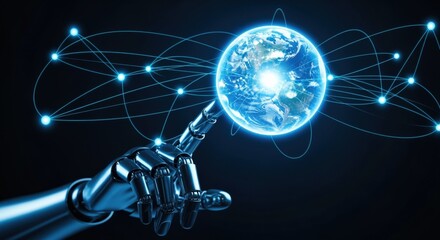 Global Connectivity: A Robotic Hand Interacting with the Digital World Network, Illustrating Future Technology