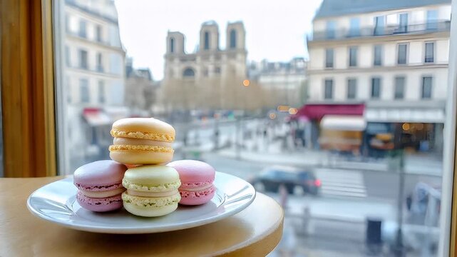 Paris, France, Europe. A closeup of a plate of macarons on a table with a view of a cityscape through a window. The scene is set in Paris, France.