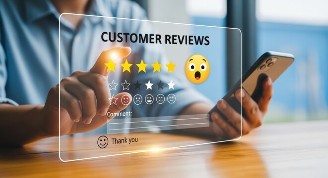 Online Customer Reviews Interface Displayed on Glass with Hand Holding Smartphone and Shocked Emoji - Powered by Adobe