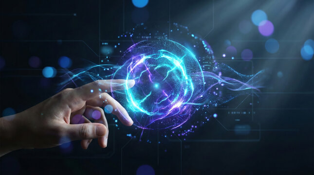 Hand interacting with glowing AI energy sphere on futuristic interface, artificial intelligence, digital innovation, data science, and advanced technology concept - Powered by Adobe