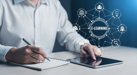 Engaged Professional Using Digital Tablet for E-Learning, with Notebook and Modern Interface Visualization