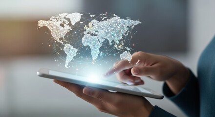 Global Connectivity Concept: Person Using Tablet with Holographic World Map for International Business