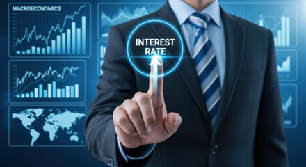 Interest Rate Forecast Concept: Businessman touches rising graph on futuristic display, financial analysis and economic growth