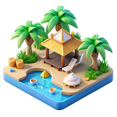 Obraz premium Colorful 3 D tropical island scene with palm trees hut and pool isolated on a transparent background