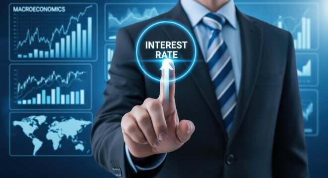 Interest Rate Forecast Concept: Businessman touches rising graph on futuristic display, financial analysis and economic growth - Powered by Adobe