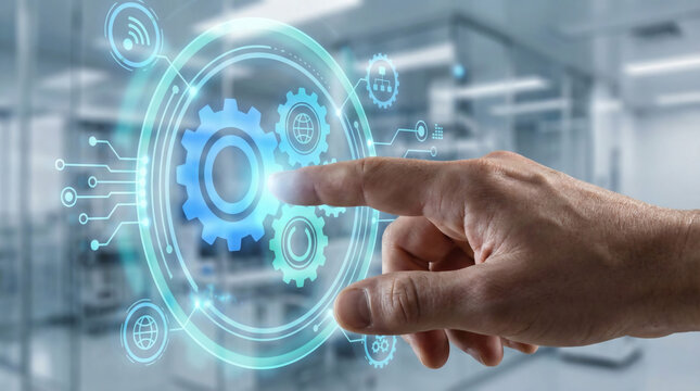 Hand interacting with digital gear interface for automation and system optimization, representing smart technology, workflow efficiency, industrial innovation, and digital transformation - Powered by Adobe