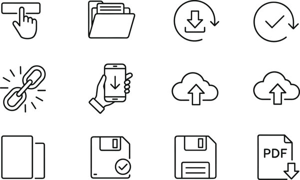 File management and cloud storage line icons set featuring download upload symbols pdf document floppy disk folder mobile data transfer and link connectivity