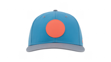 Blue baseball cap with orange circle on front gray brim isolated on a transparent background