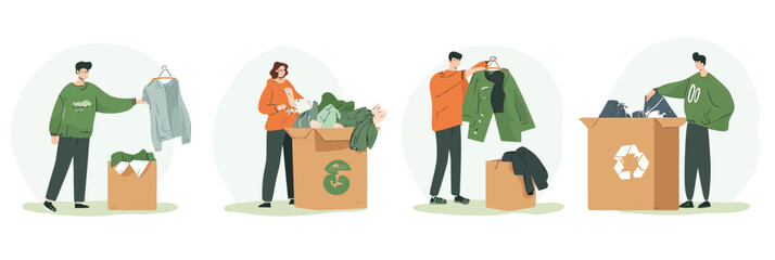 Volunteers collecting sorting and packing used clothes for charity donation recycling second hand clothing exchange fabric reuse concept flat vector illustration
