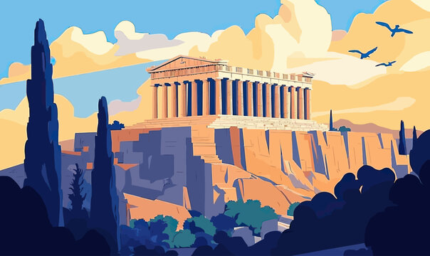 Ancient Acropolis of Athens Parthenon Temple on Hilltop with Classical Greek Architecture and Scenic Sky Background Vector Illustration
