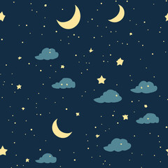 Seamless night sky pattern with crescent moons, scattered yellow stars, small dots, and blue clouds in flat minimalist style on dark blue background