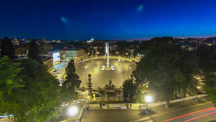 Aerial view of the large urban square, the Piazza del Popolo day to night timelapse, Rome after sunset