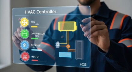 HVAC Technician Using Augmented Reality Interface for System Control and Maintenance, Displaying Air Conditioning Diagram