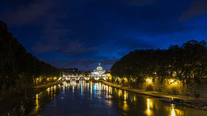 St. Peter's Basilica, Saint Angelo Bridge and Tiber River after the sunset day to night timelapse