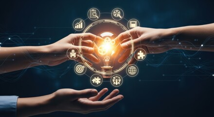 Hands Combining Ideas to Create Innovation and Collaboration with Technology Integration and Brilliant Solution