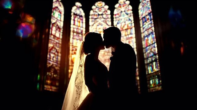 Paris, France, Europe. A silhouette of a bride and groom in front of a stained glass window in a church. The bride is wearing a white lace wedding dress with a long veil.