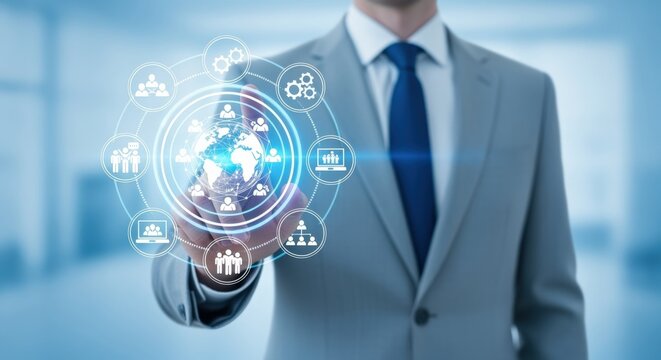 Businessman Interacting with Digital Global Network Interface on Screen for Business Connectivity and Management - Powered by Adobe