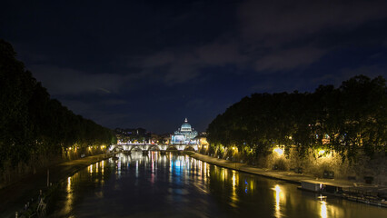 St. Peter's Basilica, Saint Angelo Bridge and Tiber River after the sunset day to night timelapse