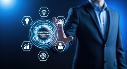 Marketing Automation Strategy Interface: Businessman Activating Digital Solutions for Business Growth and Customer Engagement