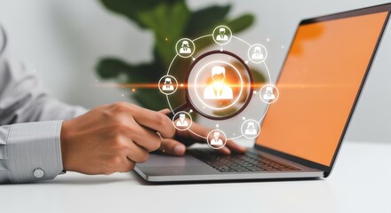 Human Resources Management: A Person Connecting with People Via Laptop for Global Networking