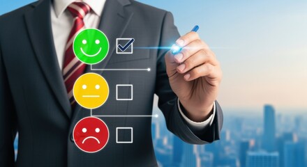 Business Professional Marking Satisfaction on Survey, Highlighting Positive Feedback, with Cityscape Background, Symbolizing Customer Experience