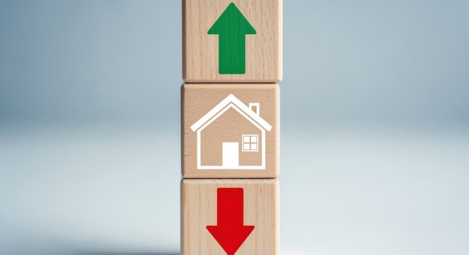 Conceptual wooden blocks depicting real estate market fluctuations, including price increase and decrease trends