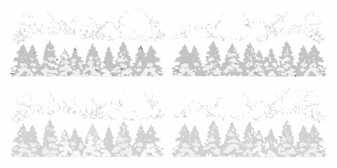 Silhouetted pine trees and snowy mountains against a stark white background
